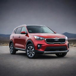 A KIA rebel car, bold and sleek, in dramatic lighting on a desolate road. Capture its robust design and stylish looks.