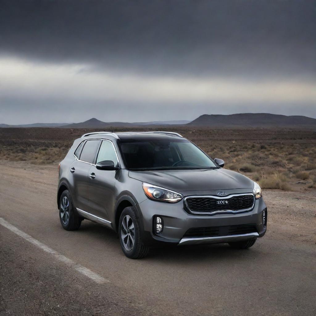 A KIA rebel car, bold and sleek, in dramatic lighting on a desolate road. Capture its robust design and stylish looks.