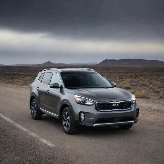 A KIA rebel car, bold and sleek, in dramatic lighting on a desolate road. Capture its robust design and stylish looks.