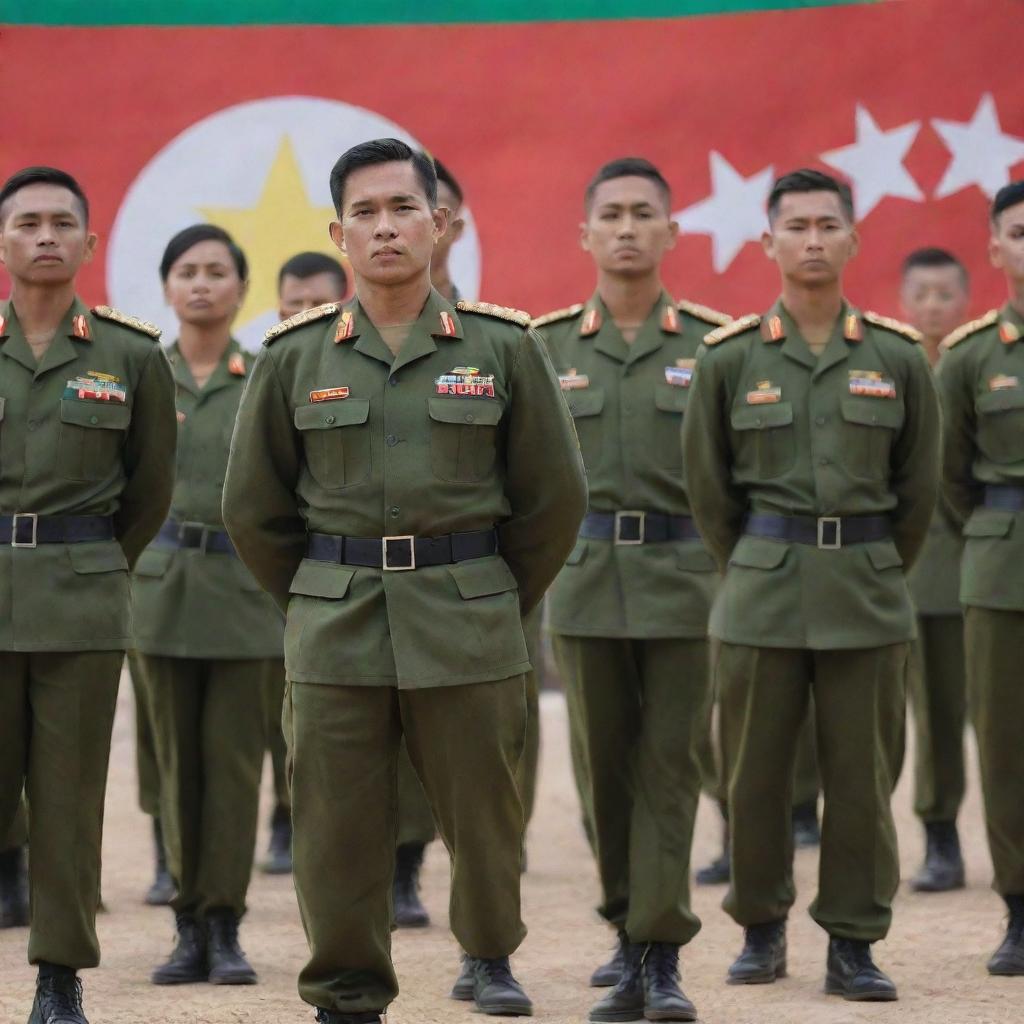 An image depicting respectful Myanmar army soldiers in uniform standing in formation, with a backdrop of the Myanmar flag waving in the wind.