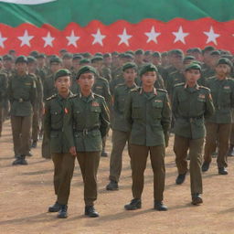 An image depicting respectful Myanmar army soldiers in uniform standing in formation, with a backdrop of the Myanmar flag waving in the wind.