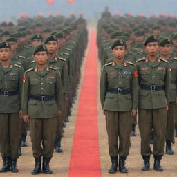 An image depicting respectful Myanmar army soldiers in uniform standing in formation, with a backdrop of the Myanmar flag waving in the wind.