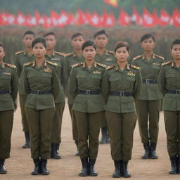 An image depicting respectful Myanmar army soldiers in uniform standing in formation, with a backdrop of the Myanmar flag waving in the wind.