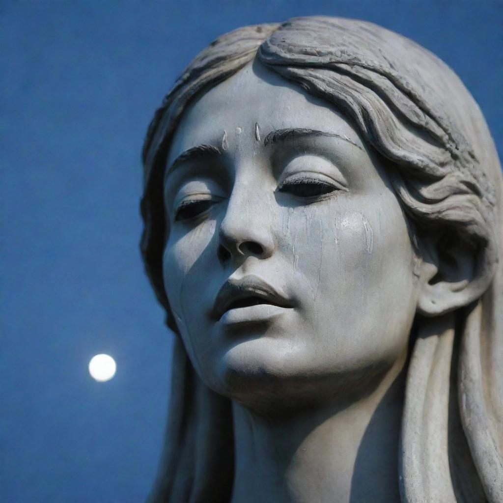 A statue with tears streaming down from its eyes, each tear reflecting the moonlight.