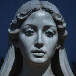 A statue with tears streaming down from its eyes, each tear reflecting the moonlight.