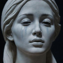 A statue with tears streaming down from its eyes, each tear reflecting the moonlight.