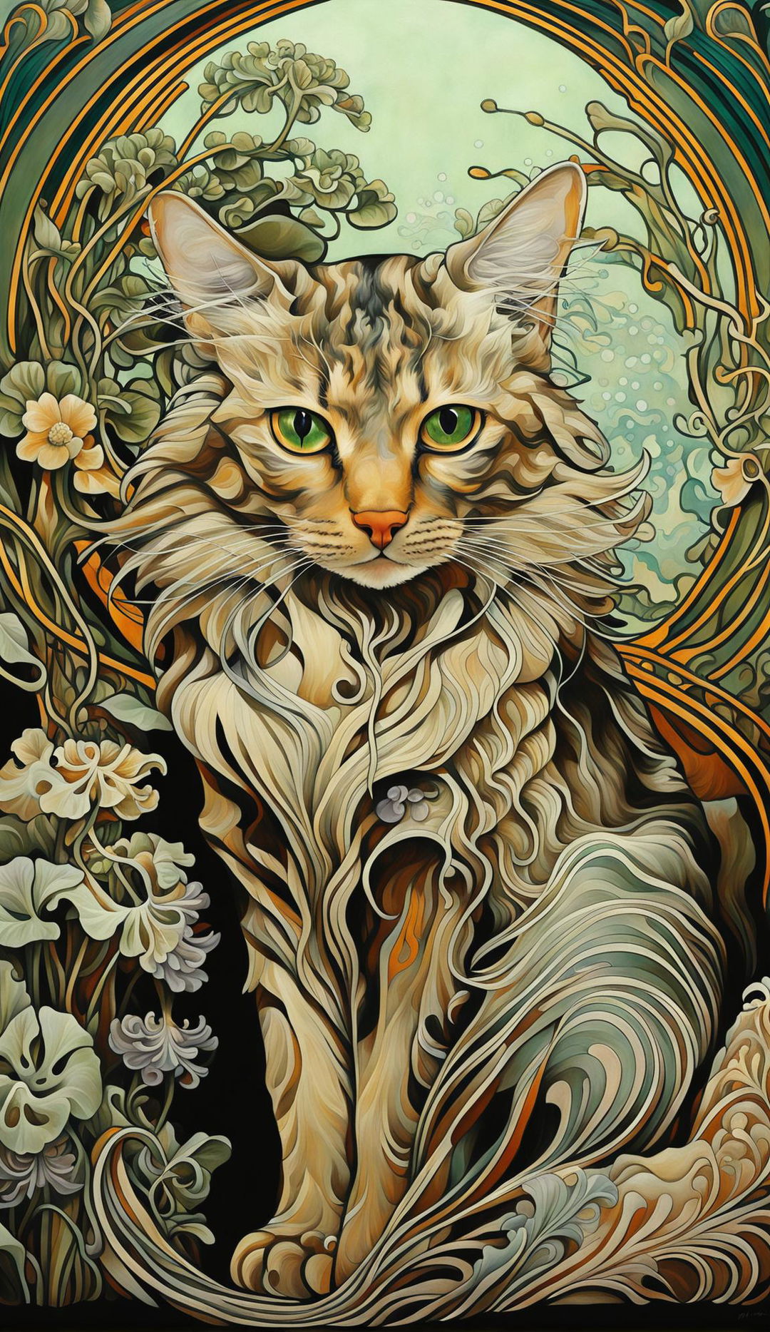 Art Nouveau portrait featuring a regal sable cat surrounded by stylized natural elements in pastel hues.