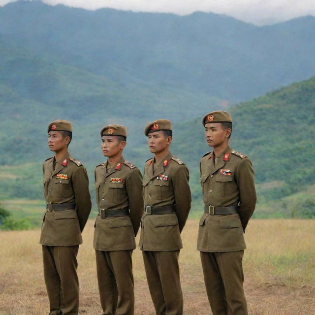 An image showing brave Burmese army soldiers in their distinct uniforms, standing at attention, with the backdrop of the Burmese landscape.