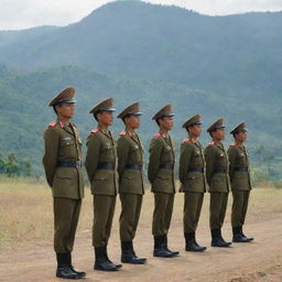 An image showing brave Burmese army soldiers in their distinct uniforms, standing at attention, with the backdrop of the Burmese landscape.