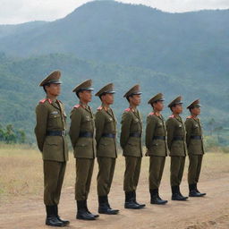 An image showing brave Burmese army soldiers in their distinct uniforms, standing at attention, with the backdrop of the Burmese landscape.