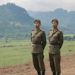 An image showing brave Burmese army soldiers in their distinct uniforms, standing at attention, with the backdrop of the Burmese landscape.