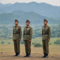 An image showing brave Burmese army soldiers in their distinct uniforms, standing at attention, with the backdrop of the Burmese landscape.