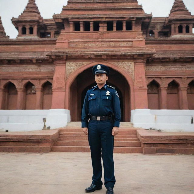 An image illustrating Myanmar's police force, in uniform, symbolizing law, order, safety, and protection. Include the backdrop of an iconic, local landmark.