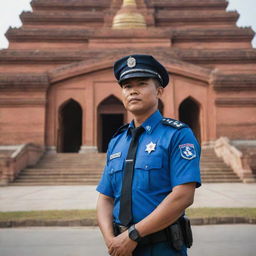 An image illustrating Myanmar's police force, in uniform, symbolizing law, order, safety, and protection. Include the backdrop of an iconic, local landmark.