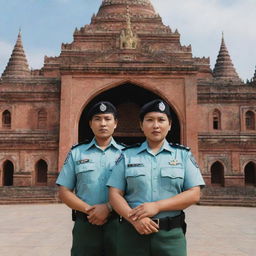 An image illustrating Myanmar's police force, in uniform, symbolizing law, order, safety, and protection. Include the backdrop of an iconic, local landmark.