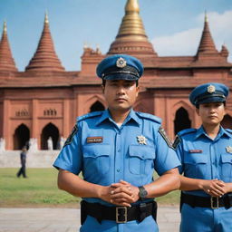 An image illustrating Myanmar's police force, in uniform, symbolizing law, order, safety, and protection. Include the backdrop of an iconic, local landmark.