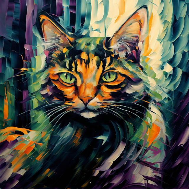 Impressionist-style portrait of a cat with vibrant colors and abstract background.