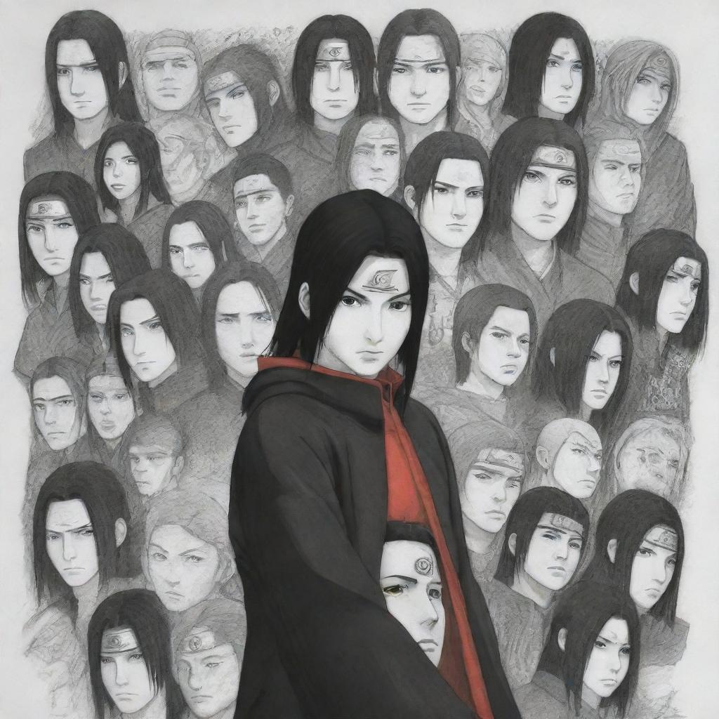 A detailed and dynamic drawing featuring Itachi and all the characters from Naruto, each exhibiting their unique abilities and personalities.