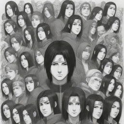 A detailed and dynamic drawing featuring Itachi and all the characters from Naruto, each exhibiting their unique abilities and personalities.