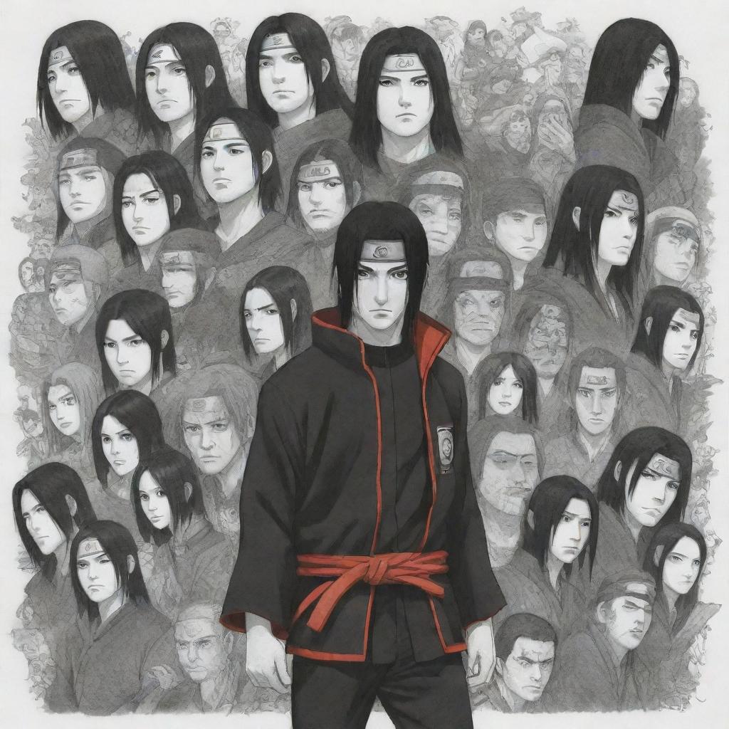 A detailed and dynamic drawing featuring Itachi and all the characters from Naruto, each exhibiting their unique abilities and personalities.