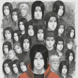 A detailed and dynamic drawing featuring Itachi and all the characters from Naruto, each exhibiting their unique abilities and personalities.