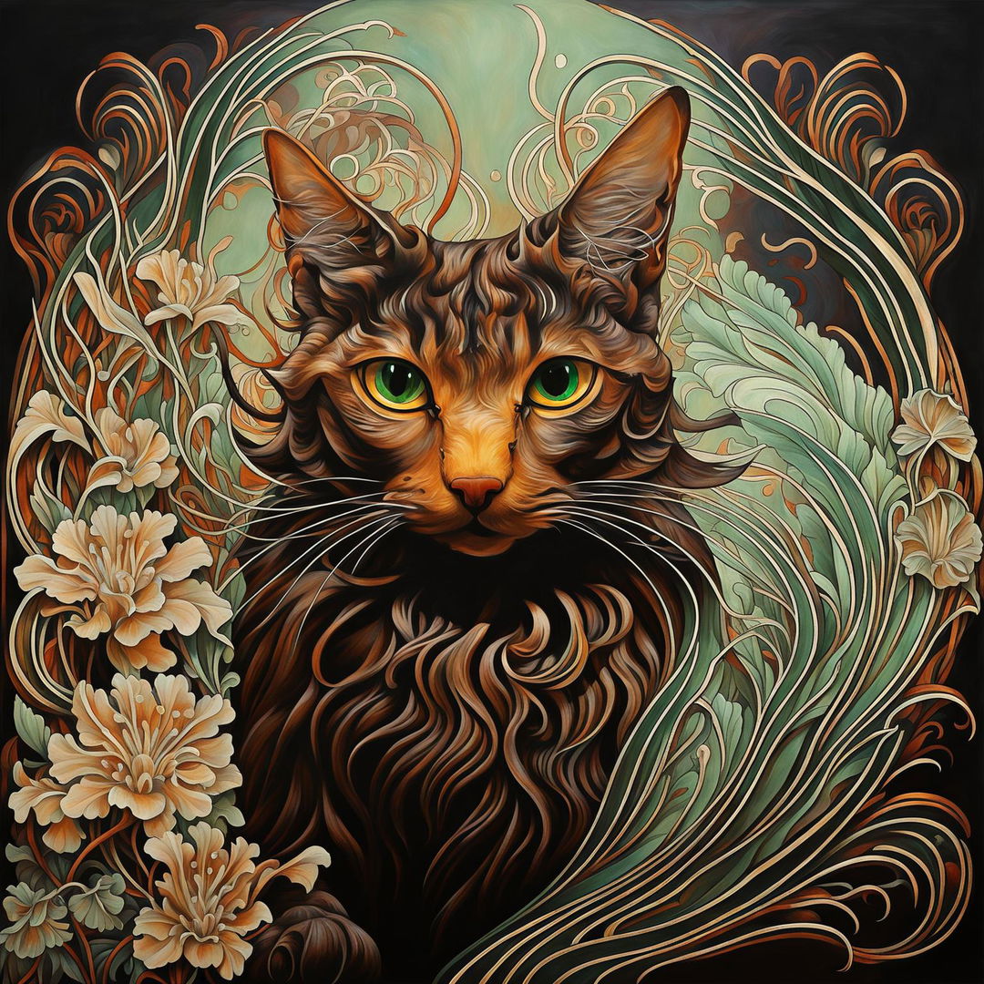 Art Nouveau portrait featuring a regal sable cat with emerald-green eyes against a background of stylized flowers and leaves in pastel hues. The intricate frame design complements the organic forms in the background.