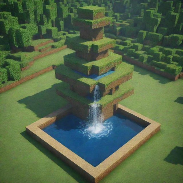 A beautifully detailed Minecraft-style fountain in an idyllic open field, with pixelated water cascading down cobblestone tiers amid lush pixelated greenery.