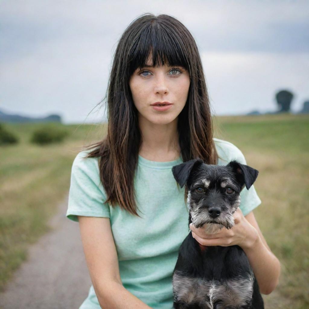 photograpy medium distance, advertising campagne, she no look the camera, female , 23 year old with green eyes and black long hai with withe streaks in the bangs.,freckles, with schnauzer dog, ocation clothes, medium distance shot, 4k hd,  --style raw--v 5.2 ar 2-3,