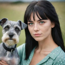 photograpy medium distance, advertising campagne, she no look the camera, female , 23 year old with green eyes and black long hai with withe streaks in the bangs.,freckles, with schnauzer dog, ocation clothes, medium distance shot, 4k hd,  --style raw--v 5.2 ar 2-3,