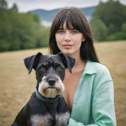 photograpy medium distance, advertising campagne, she no look the camera, female , 23 year old with green eyes and black long hai with withe streaks in the bangs.,freckles, with schnauzer dog, ocation clothes, medium distance shot, 4k hd,  --style raw--v 5.2 ar 2-3,