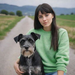 photograpy medium distance, advertising campagne, she no look the camera, female , 23 year old with green eyes and black long hai with withe streaks in the bangs.,freckles, with schnauzer dog, ocation clothes, medium distance shot, 4k hd,  --style raw--v 5.2 ar 2-3,