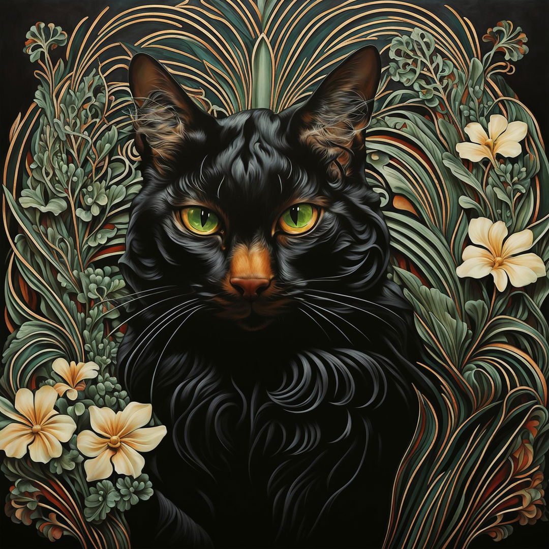 Art Nouveau portrait featuring a regal black cat with emerald-green eyes against a background of stylized flowers and leaves in pastel hues. The intricate frame design complements the organic forms in the background.