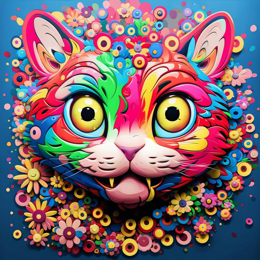 A vibrant, Murakami-style digital art piece featuring a colorful, cartoonish cat against a background filled with smiling flower motifs.