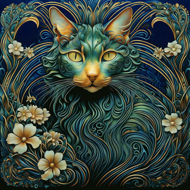 A digital art representation of a cat in Art Nouveau style, featuring intricate details, vibrant colors, and organic motifs.