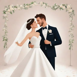 An animated image of a joyful couple at their wedding, sharing a happy moment, dressed in elegant wedding attire