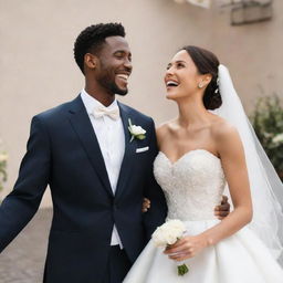 An animated image of a joyful couple at their wedding, sharing a happy moment, dressed in elegant wedding attire