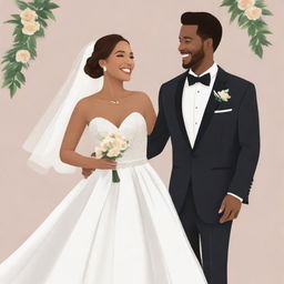 An animated image of a joyful couple at their wedding, sharing a happy moment, dressed in elegant wedding attire