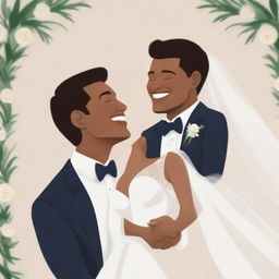 An animated image of a joyful couple at their wedding, sharing a happy moment, dressed in elegant wedding attire