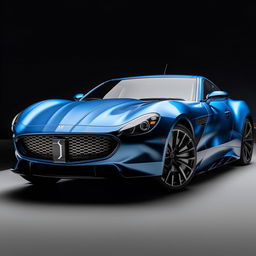 A sleek fast car painted in charming blue and black hues with the letter 'S' prominently featured on the hood.