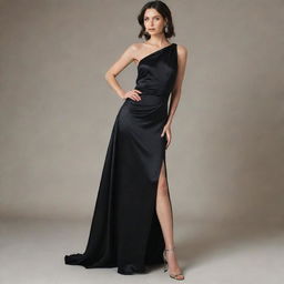 An elegant, long, black, satin dress draped elegantly, showcasing its silky sheen and fluidity.