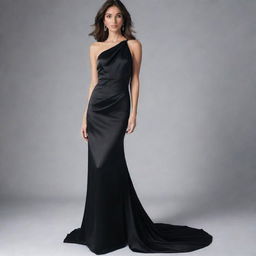 An elegant, long, black, satin dress draped elegantly, showcasing its silky sheen and fluidity.