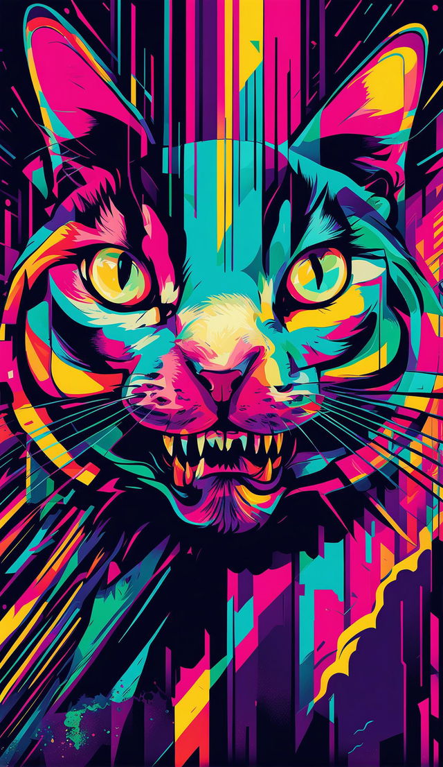 A vibrant pop art depiction of a playful cat with a patchwork of bold colors and a background filled with geometric shapes.