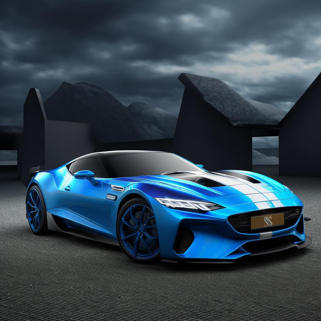 A sleek fast car painted in charming blue and black hues with the letter 'S' prominently featured on the hood.