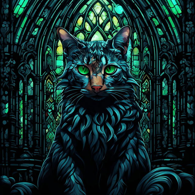 A gothic black cat with piercing green eyes sits regally in front of a weathered gothic cathedral under a stormy sky.