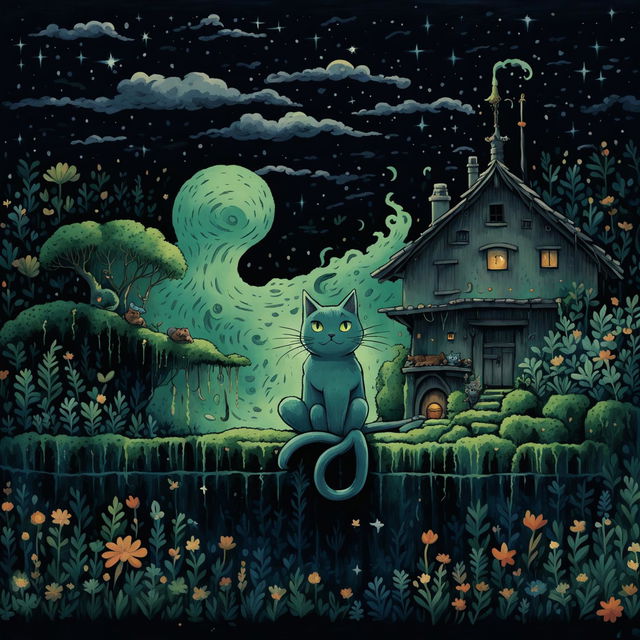 A Studio Ghibli inspired digital art featuring a black cat with expressive green eyes sitting on a moss-covered stone wall near a rustic cottage under a starlit sky.