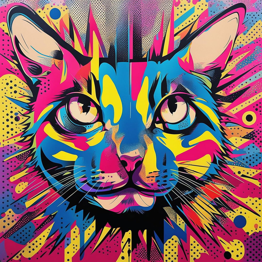 A classic pop art depiction of a playful cat with a patchwork of primary colors and a background filled with Ben-Day dots.