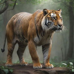 A fantastical creature that is a fusion between a majestic tiger and a powerful elephant