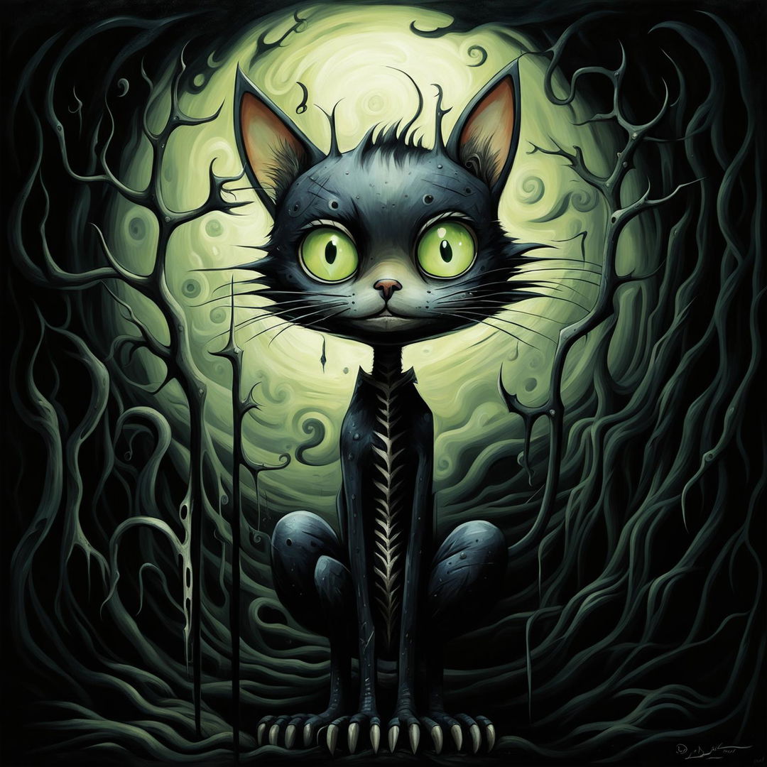 A Tim Burton style cat with elongated body, large green eyes, and inky black fur in a twisted, moonlit landscape.