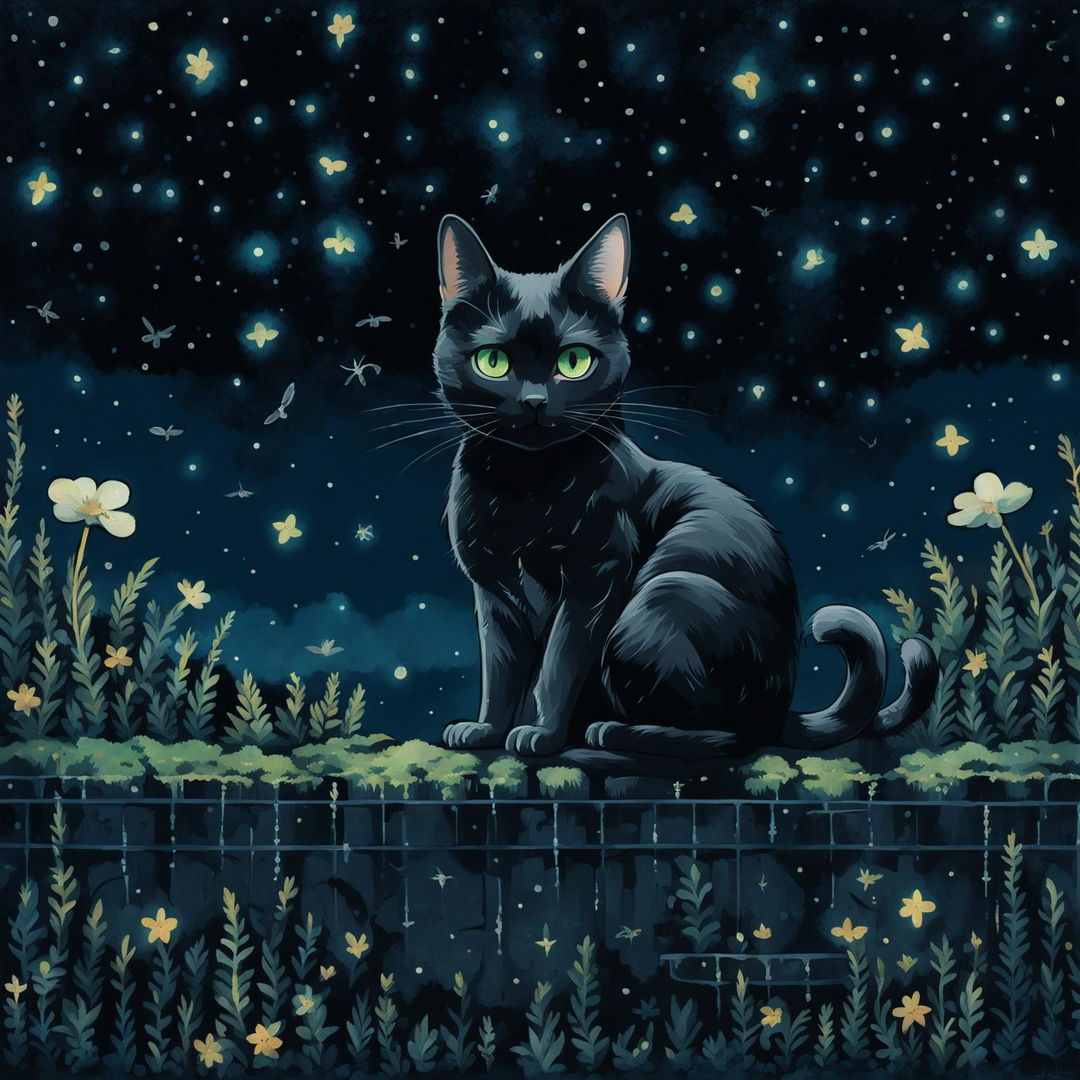 A Studio Ghibli inspired digital art featuring a close-up of a black cat with expressive green eyes, sitting on a moss-covered stone wall under a starlit sky.