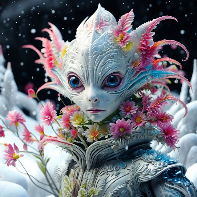 Hyper-realistic 3D Rococo-inspired photograph featuring a majestic alien adorned with vibrant flowers against a snowy landscape.